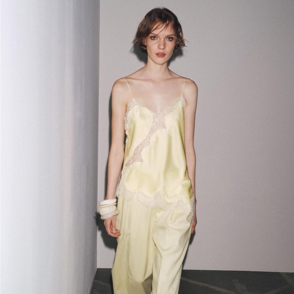 Zara Lace-Trim Satin Cami Top in Pale Butter Yellow - Picture 2 of 8